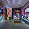 Elegant KTV Interior With Green Chesterfield Sofa Colorful Paintings And Ambient Lighting