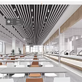 Spacious Cafeteria Interior With Long Dining Tables Ceiling Light Strips And Food Serving Counters 3d model