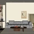 Modern Living Dining Area Interior With Wooden Table Sofa Coffee Table Hanging Lamp And Plants