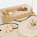 Beige Sectional Sofa with Decorative Pillows on Patterned Rug and Round Coffee Table 3d model