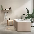 Minimalist Modern Bathroom Interior With Round Mirror Vanity Sink Wall Shelf And Freestanding Bathtub