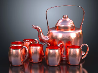 Shiny Copper Tableware Set Including Teapot And Mugs For Dining Use 3d model