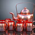 Shiny Copper Tableware Set Including Teapot And Mugs For Dining Use