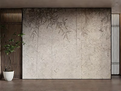 Modern Textured Gray Background Wall Featuring Bamboo Pattern And Wooden Accents 3d model