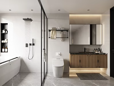 Modern Bathroom Interior Design With Glass Shower Bathtub Smart Toilet And Wooden Cabinets 3d model
