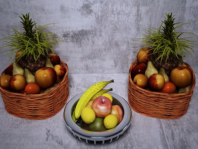 Fresh Assorted Fruits in Wicker Baskets and Metal Bowl with Pineapples Bananas Apples Peaches Lemons 3d model