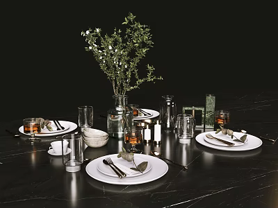 Elegant Dinnerware Set With White Plates Silver Cutlery Green Plant And Candles On Marble Table 3d model