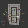 White Door Secured With Multiple Chains Locks And Keys On Gray Background 3d model
