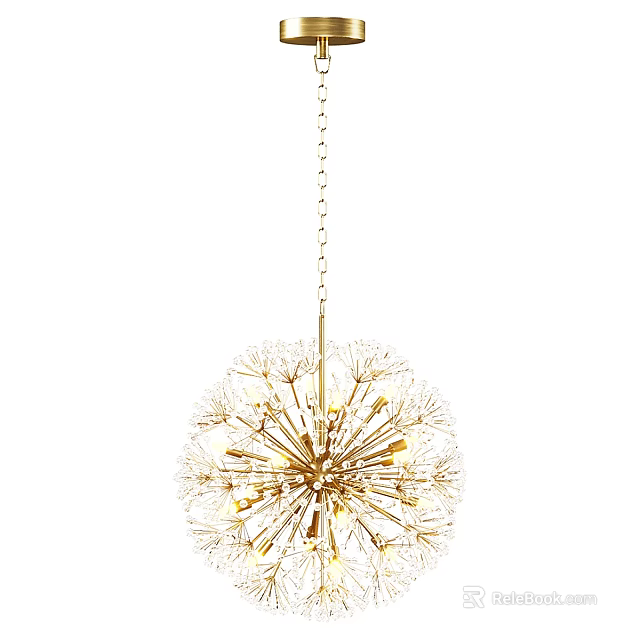 Elegant Dandelion Shaped Golden Ceiling Light with Multiple Bulbs and Chain Design 3d model 