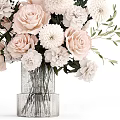 Pink And White Roses Daisies Floral Arrangement In Transparent Glass Vase With Green Leaves