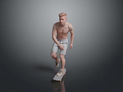 Shirtless Male In Light Shorts Riding Skateboard On Reflective Gray Floor 3d model