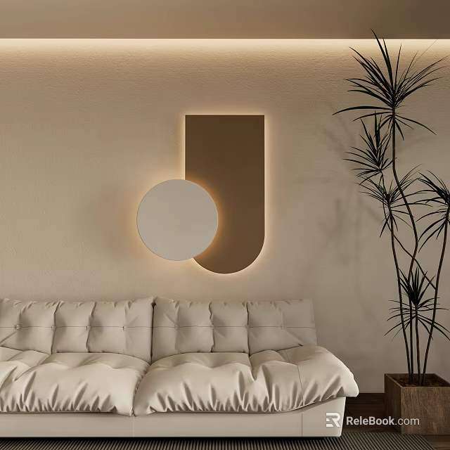 Modern Wall Decor Featuring Circular And U Shaped Backlit Design With Sofa And Plant 3d model