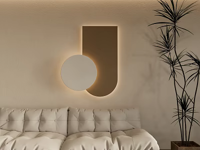 Modern Wall Decor Featuring Circular And U Shaped Backlit Design With Sofa And Plant 3d model