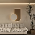 Modern Wall Decor Featuring Circular And U Shaped Backlit Design With Sofa And Plant 3d model