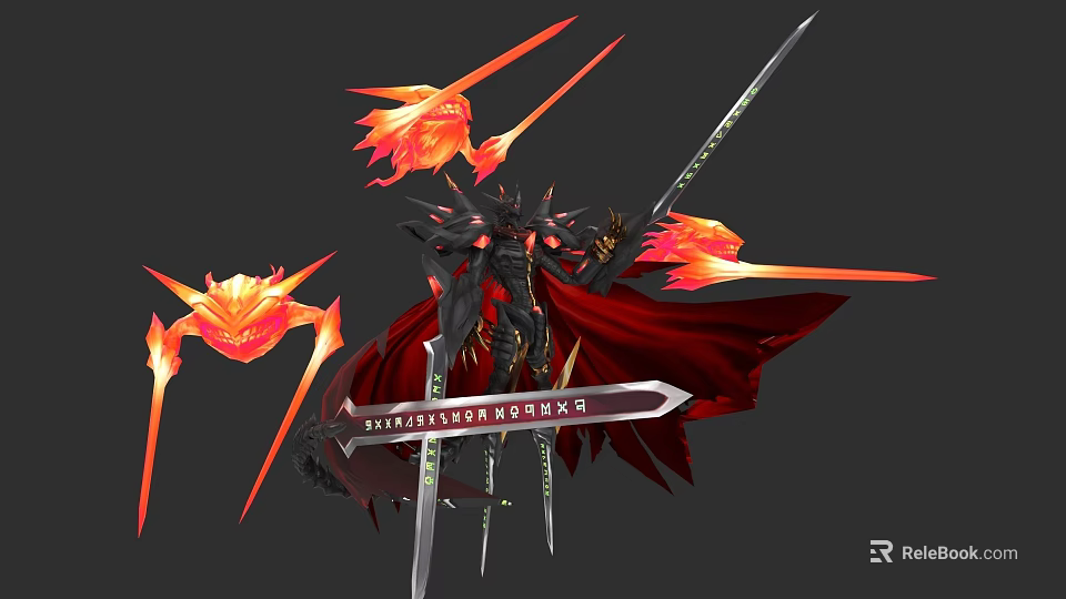 Game And Movie Character In Black Armor With Red Cape And Flaming Weapons 3d model 
