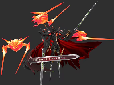 Game And Movie Character In Black Armor With Red Cape And Flaming Weapons 3d model