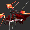 Game And Movie Character In Black Armor With Red Cape And Flaming Weapons