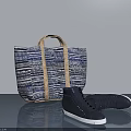 Blue And White Striped Tote Bag With Beige Handles And Dark Blue Shoes