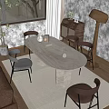 Quiet Style Dining Table and Chair Combination Oval Dining Table for Six 3d model