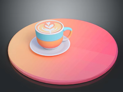 Colorful Latte Coffee With Heart Shaped Art On Saucer And Gradient Platform 3d model