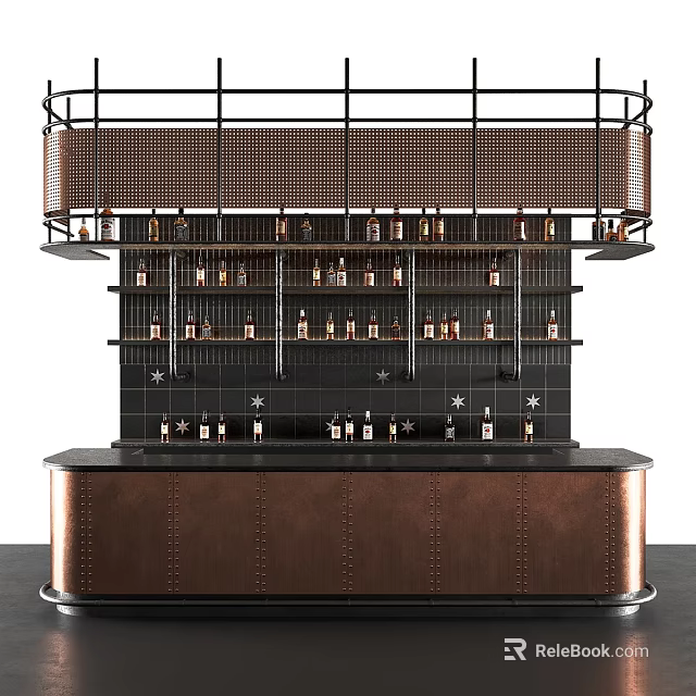 Modern Bar Area Design With Copper Countertop And Metal Frame Wine Racks 3d model 