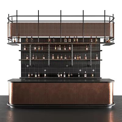 Modern Bar Area Design With Copper Countertop And Metal Frame Wine Racks 3d model