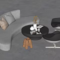 Gray Curved Cushioned Sofa And Black Round Coffee Table Set Modern Decorative Items Accent Chairs