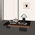 Modern Wooden Black Coffee Table With Open Books Table Lamp And Decorative Items