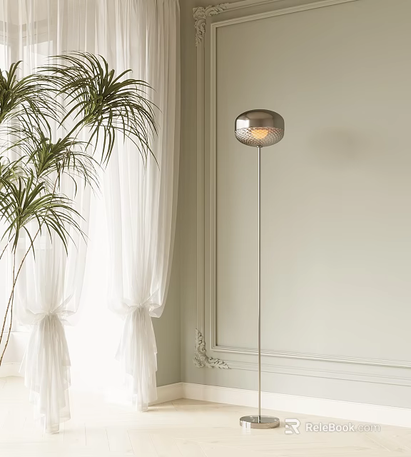 Floor Lamp with White Curtains and Green Palm Plant near Beige Wall with Decorative Corner 3d model 