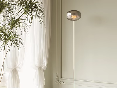 Floor Lamp with White Curtains and Green Palm Plant near Beige Wall with Decorative Corner 3d model