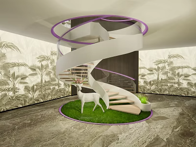 Indoor Landscape With Spiral Staircase Purple Rings Green Plant Lawn And Deer Sculpture 3d model