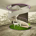 Indoor Landscape With Spiral Staircase Purple Rings Green Plant Lawn And Deer Sculpture