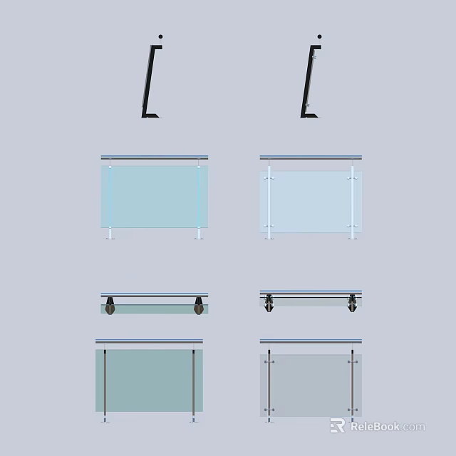 Various Glass Railings Designs With Transparent Panels And Different Frame Structures 3d model