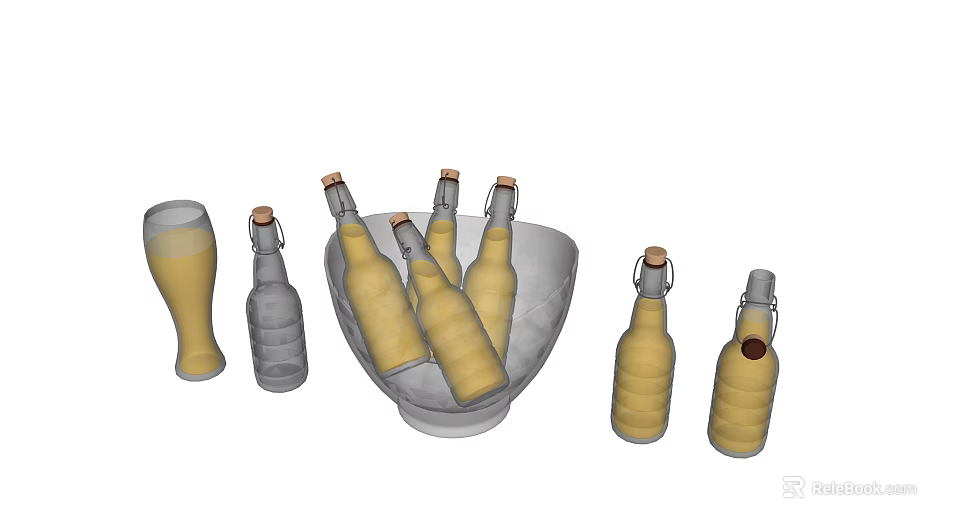 Display of Multiple Yellow Bottles and Glass with Liquid in Glass Bowl and Empty Bottle 3d model 