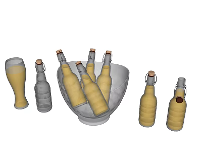 Display of Multiple Yellow Bottles and Glass with Liquid in Glass Bowl and Empty Bottle 3d model