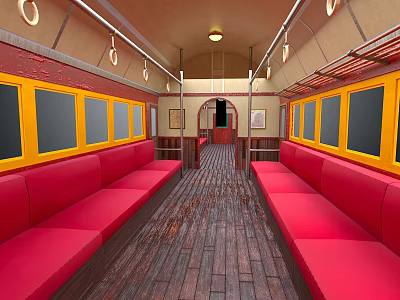 Modern Train Interior With Red Upholstered Seats Wooden Flooring And Yellow Windows 3d model