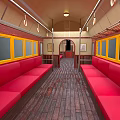 Modern Train Interior With Red Upholstered Seats Wooden Flooring And Yellow Windows