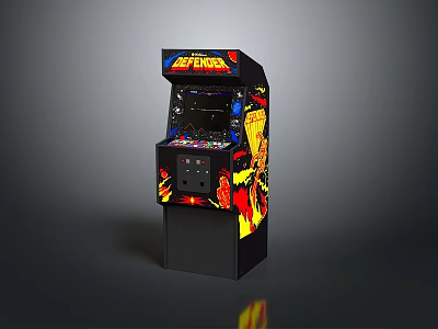 Classic Defender Arcade Machine With Colorful Artwork And Control Panel 3d model