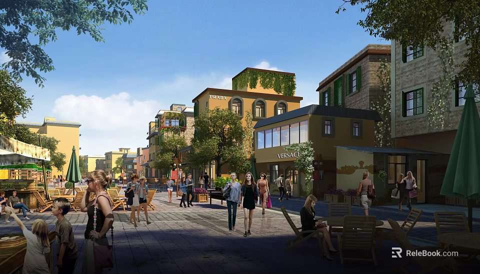 Vibrant Commercial Street Under Blue Sky With Pedestrians And Seating 3d model 
