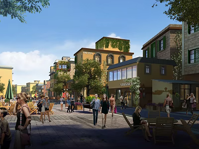 Vibrant Commercial Street Under Blue Sky With Pedestrians And Seating 3d model