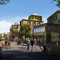 Vibrant Commercial Street Under Blue Sky With Pedestrians And Seating