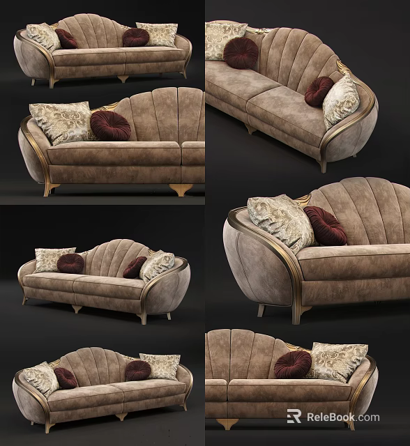 Elegant Modern Double Sofa With Brown Velvet Upholstery Decorative Cushions And Golden Legs Design 3d model 