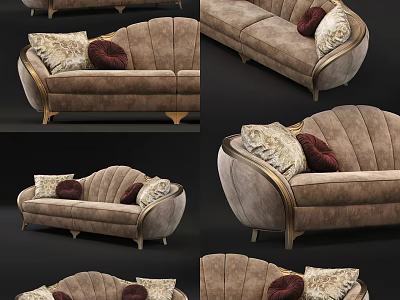 Elegant Modern Double Sofa With Brown Velvet Upholstery Decorative Cushions And Golden Legs Design 3d model