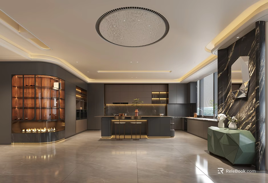 Modern Open Kitchen Interior With Gray Cabinets Marble Island Crystal Chandelier And Wine Rack 3d model 
