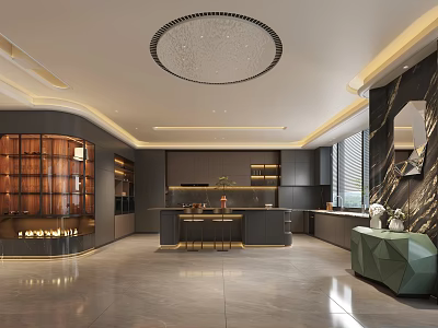 Modern Open Kitchen Interior With Gray Cabinets Marble Island Crystal Chandelier And Wine Rack 3d model