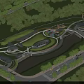 Scenic Park Landscape With Curved Paths Green Lawns Rivers Bridges And Buildings