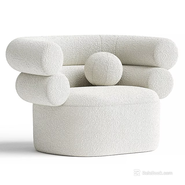 Modern White Single Seater Sofa With Fluffy Bouclé Fabric And Rounded Armrests 3d model 