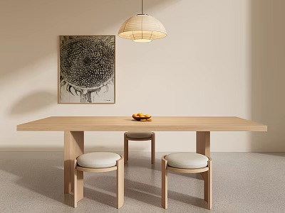Modern Wooden Tea Table and White Cushioned Stools with Pendant Light and Decorative Painting 3d model