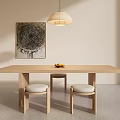 Modern Wooden Tea Table and White Cushioned Stools with Pendant Light and Decorative Painting