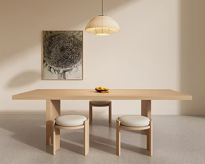 Modern Wooden Tea Table and White Cushioned Stools with Pendant Light and Decorative Painting 3d model